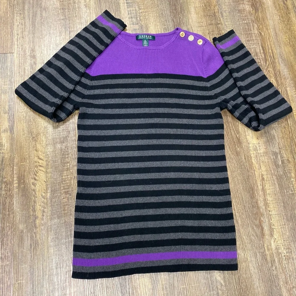 Lauren Ralph Lauren Purple and Black Striped Sweater‎ 3 Shoulder Gold Buttons XL